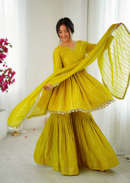 Arti Chauhan Wear Lemon Color Handwork Designer Sharara Suit