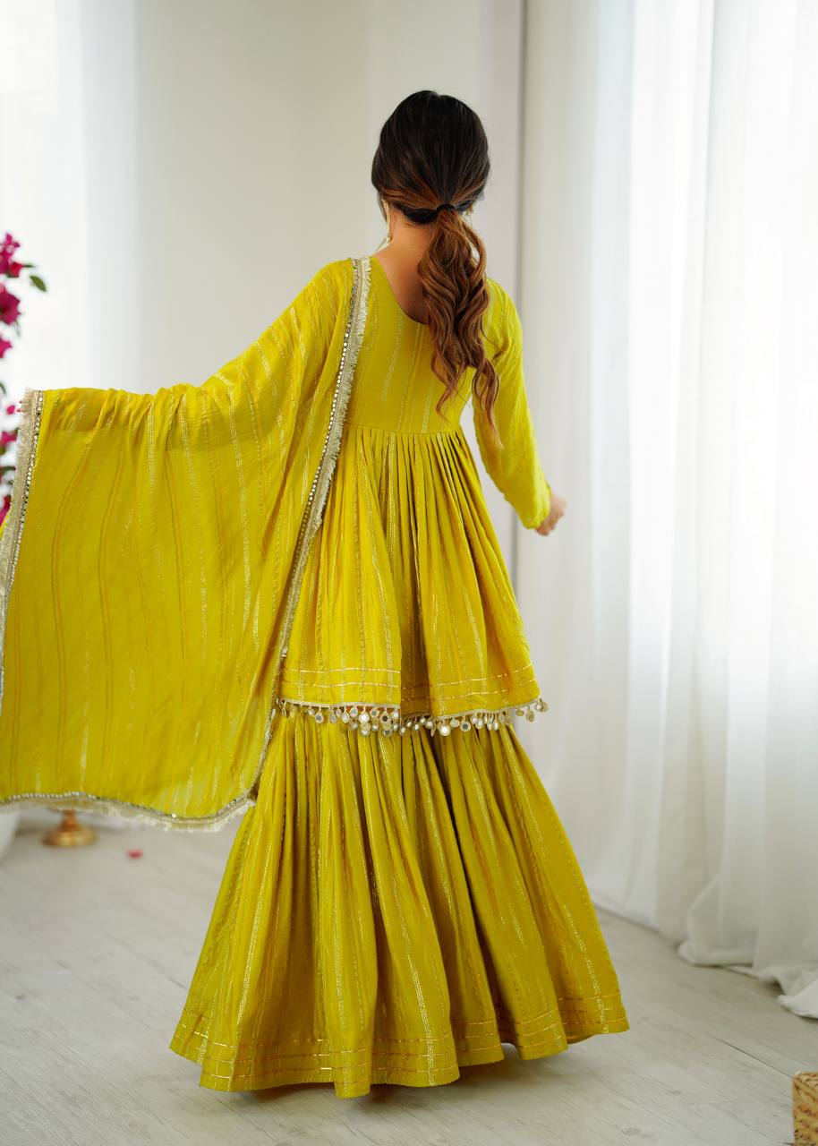 Arti Chauhan Wear Lemon Color Handwork Designer Sharara Suit