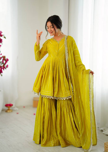 Arti Chauhan Wear Lemon Color Handwork Designer Sharara Suit