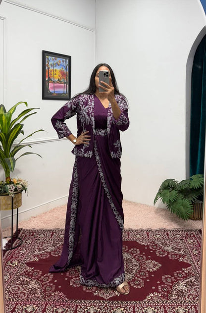 Wedding Wear Wine Color Chinon With Heavy Embroidery Work Indo-Western Drape Saree