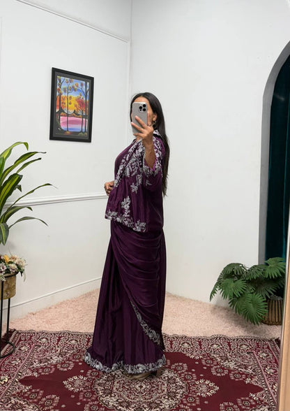 Wedding Wear Wine Color Chinon With Heavy Embroidery Work Indo-Western Drape Saree