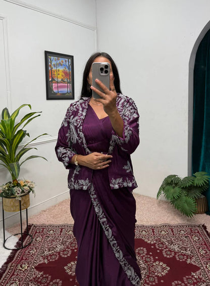 Wedding Wear Wine Color Chinon With Heavy Embroidery Work Indo-Western Drape Saree