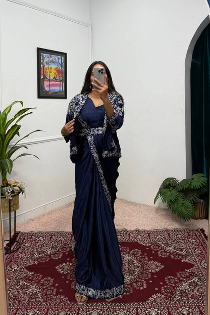 Party Wear Navy Color Chinon With Heavy Embroidery Work Indo-Western Drape Saree