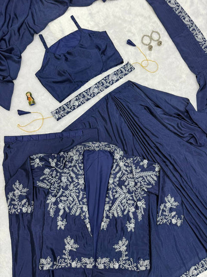 Party Wear Navy Color Chinon With Heavy Embroidery Work Indo-Western Drape Saree