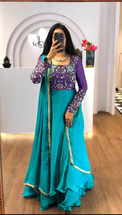 Party Wear Sky Blue Color Chinon And Embroidery Thread Work Designer Gown