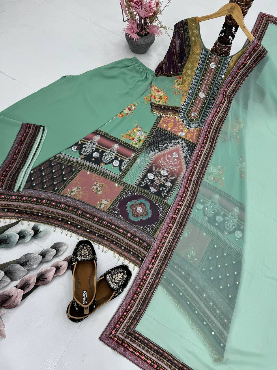 Blissful Green Color Heavy Faux Georgette Digital Print With Real Mirror Work Palazzo Suit