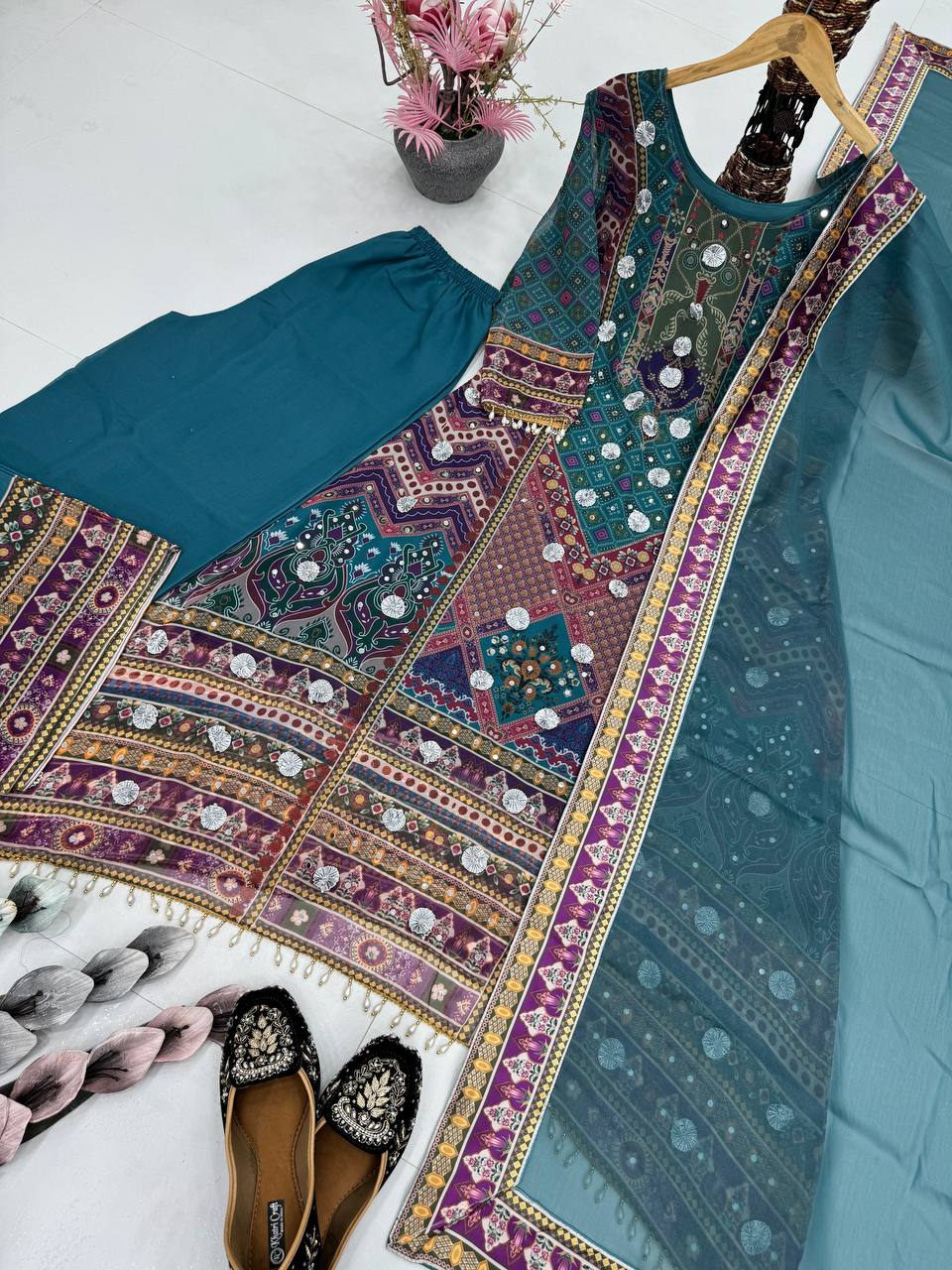 Blissful Teal Color Heavy Faux Georgette Digital Print With Real Mirror Work Palazzo Suit