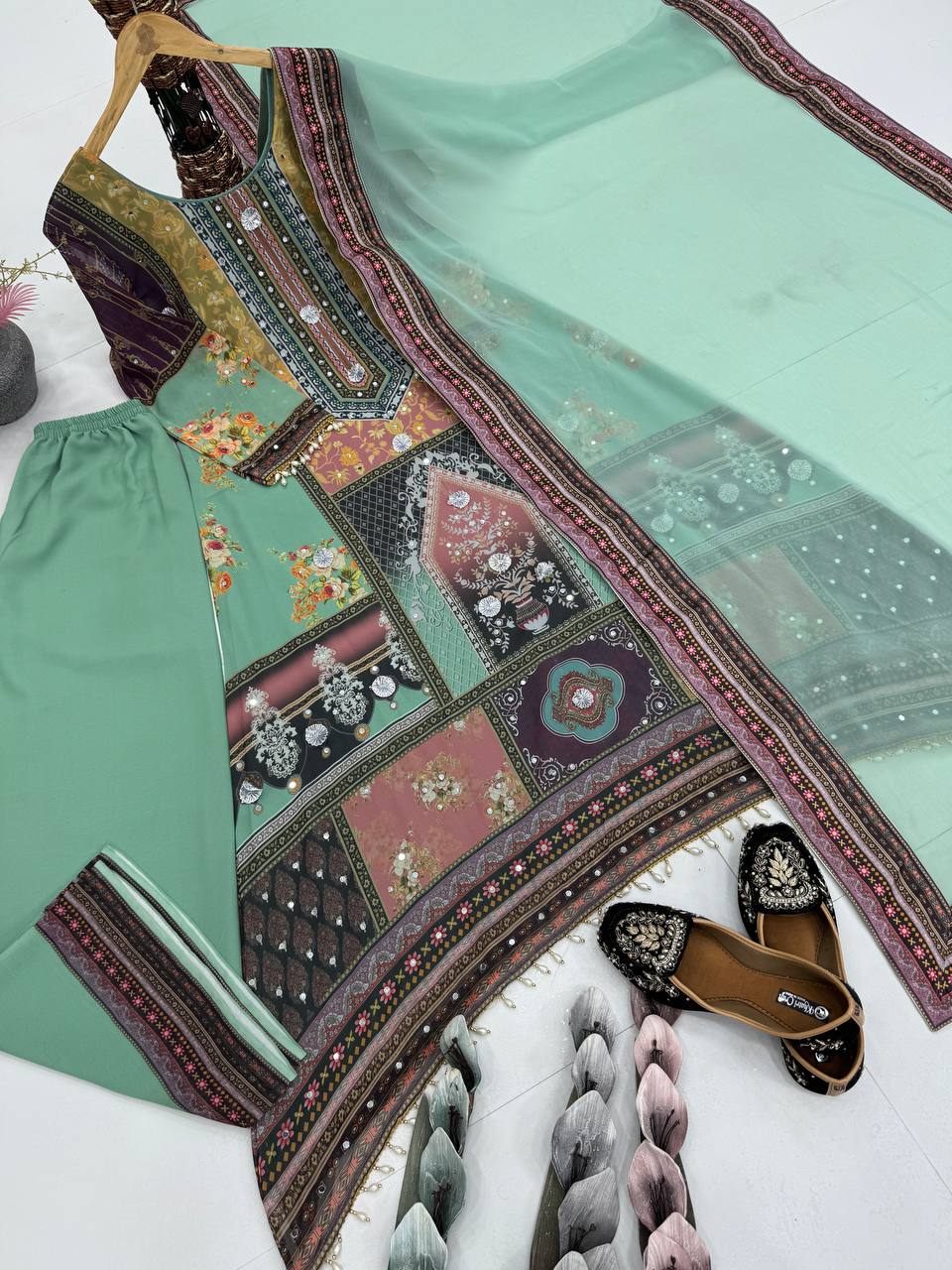 Blissful Green Color Heavy Faux Georgette Digital Print With Real Mirror Work Palazzo Suit