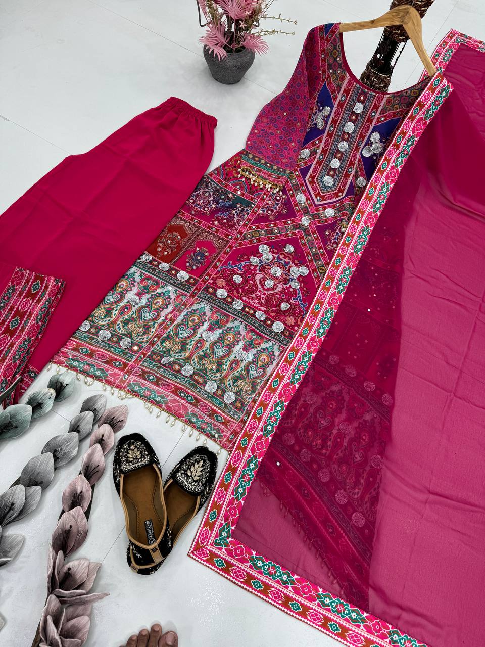 Blissful Pink Color Heavy Faux Georgette Digital Print With Real Mirror Work Palazzo Suit