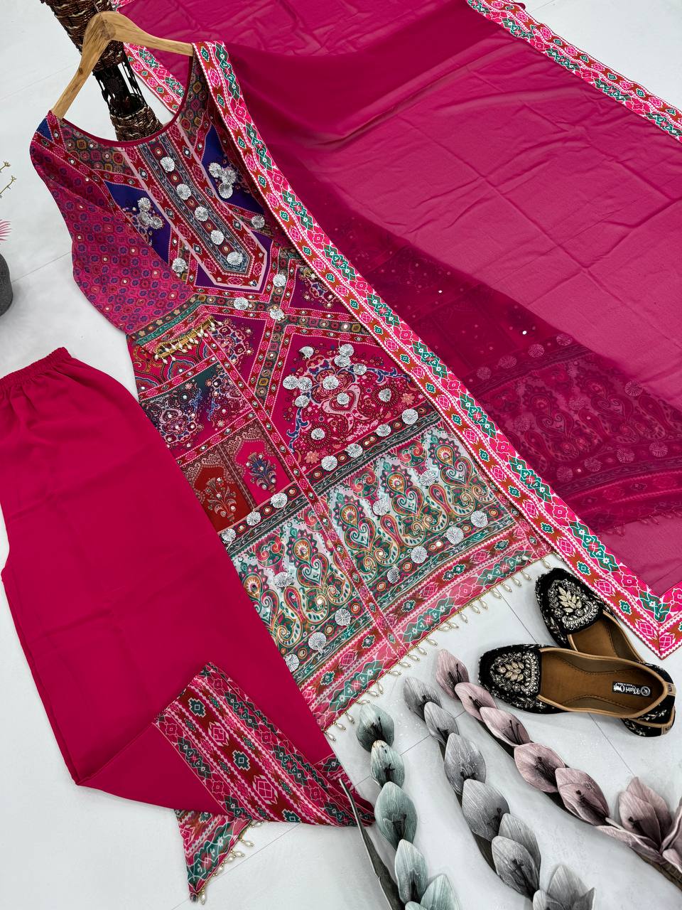 Blissful Pink Color Heavy Faux Georgette Digital Print With Real Mirror Work Palazzo Suit