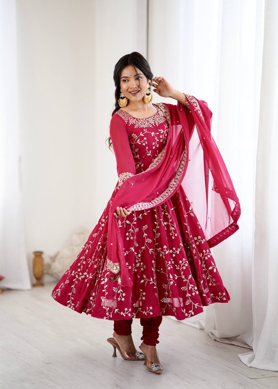 Arti Chahan's Red Color Embroidery Work Anarkali Suit