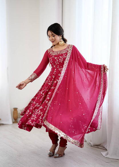 Arti Chahan's Red Color Embroidery Work Anarkali Suit
