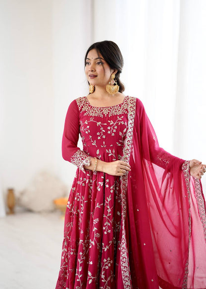 Arti Chahan's Red Color Embroidery Work Anarkali Suit