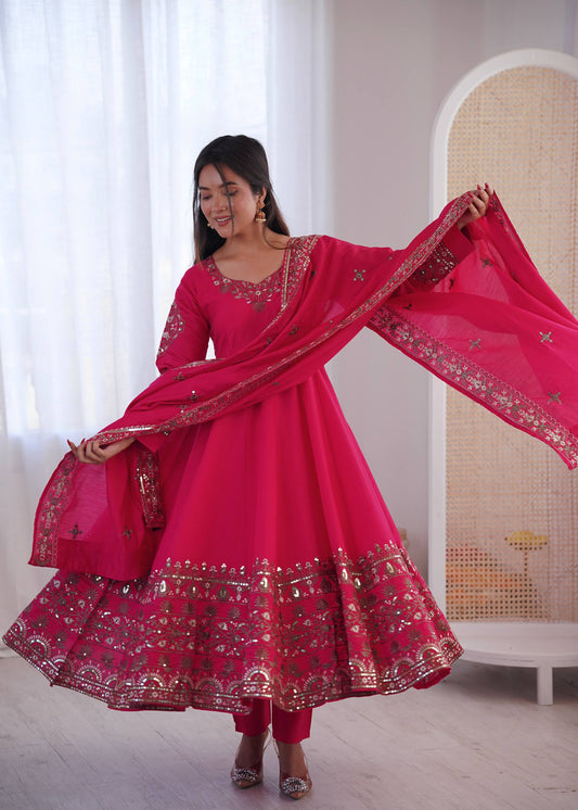 Mesmerizing Pink Color Sequence Embroidered Anarkali Suit With Dupatta