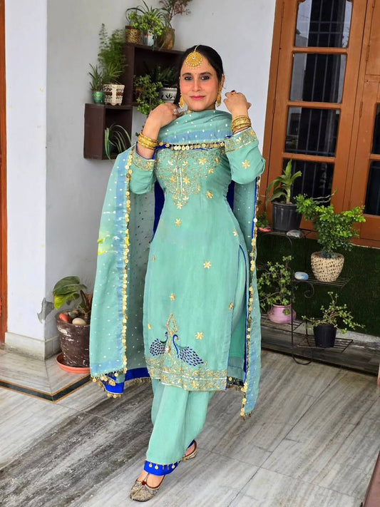 Festive Wear Light Green Color Embroidered Palazzo Suit Set