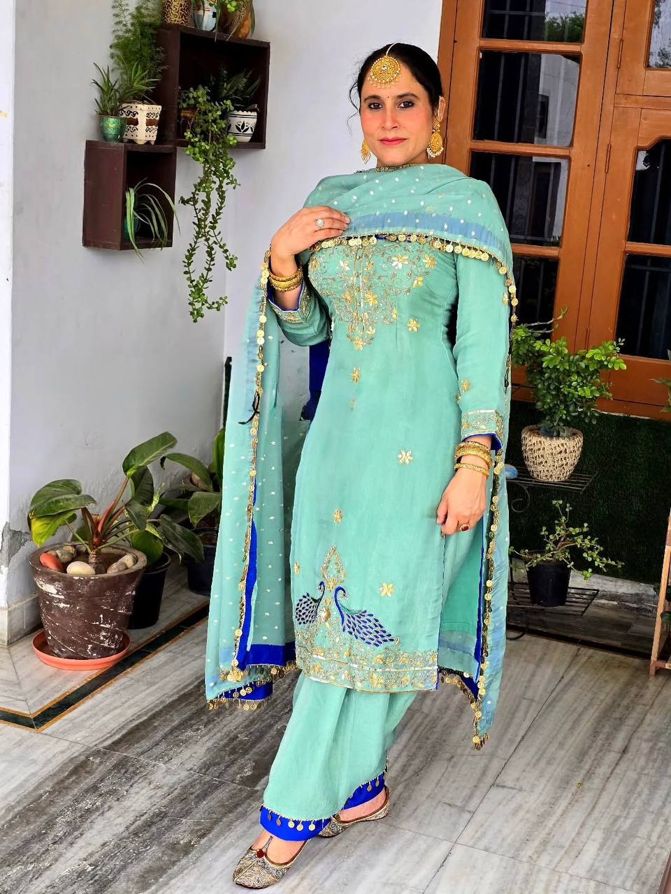 Festive Wear Light Green Color Embroidered Palazzo Suit Set