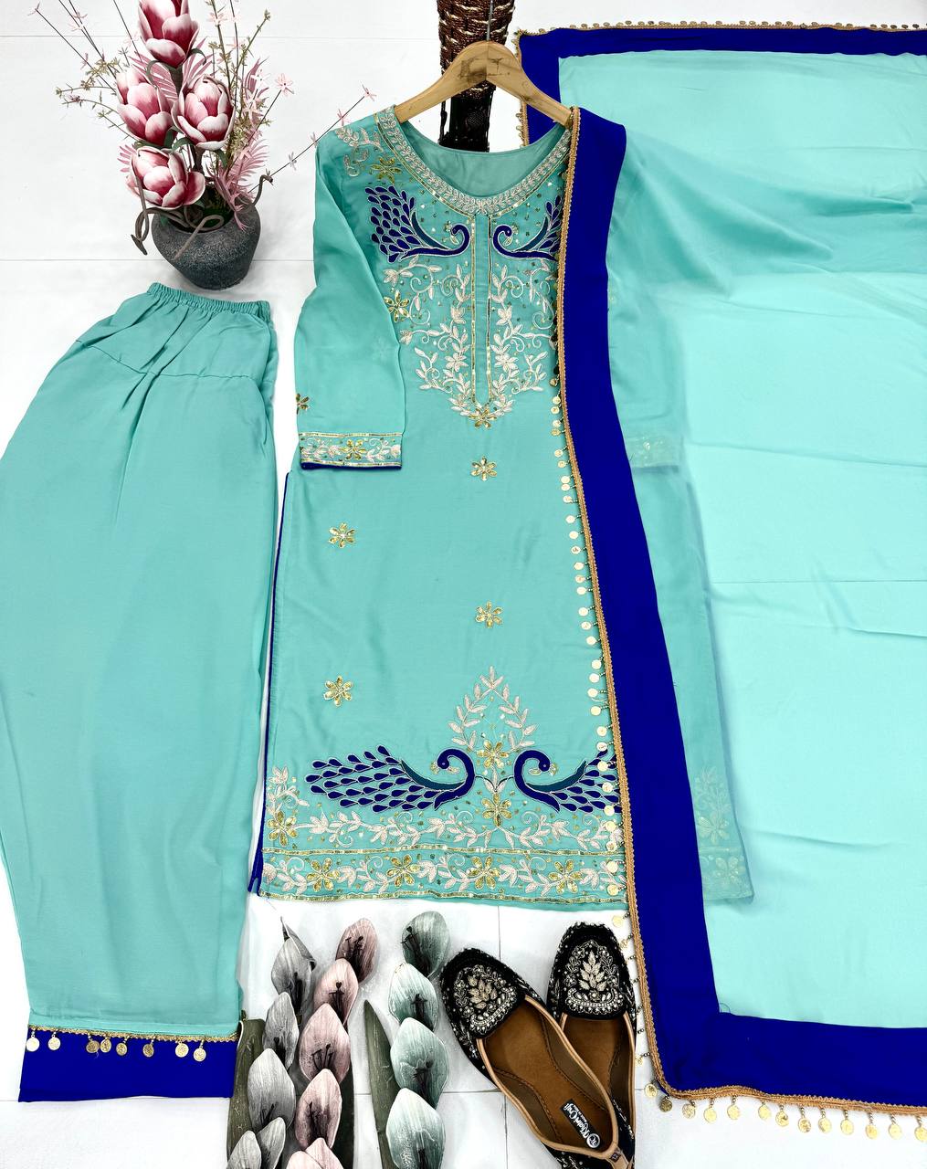 Festive Wear Light Green Color Embroidered Palazzo Suit Set