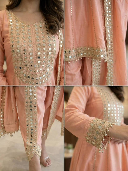 Designer Chanderi Mirror Work Tulip Patiala Dhoti Set