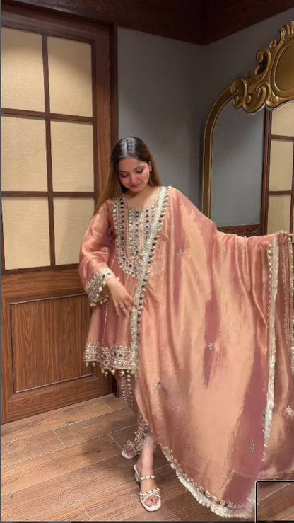 Designer Chanderi Mirror Work Tulip Patiala Dhoti Set