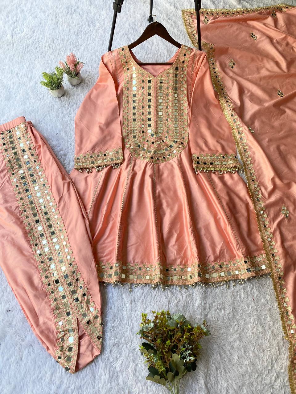 Designer Chanderi Mirror Work Tulip Patiala Dhoti Set