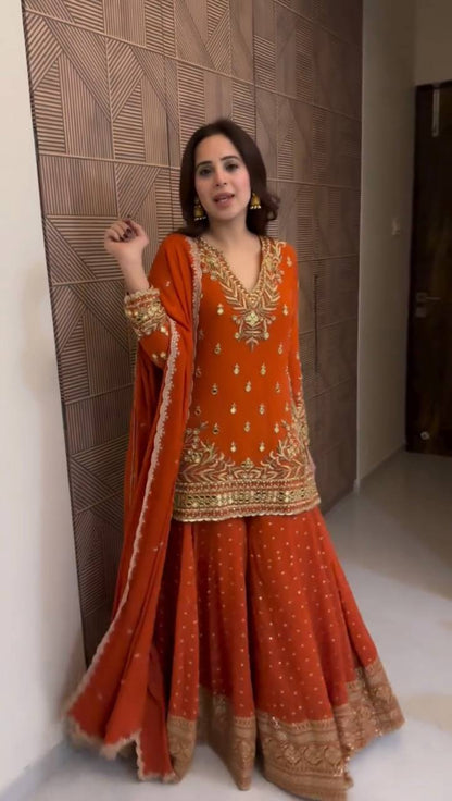 Wedding Wear Orange Color Georgette Sharara Set