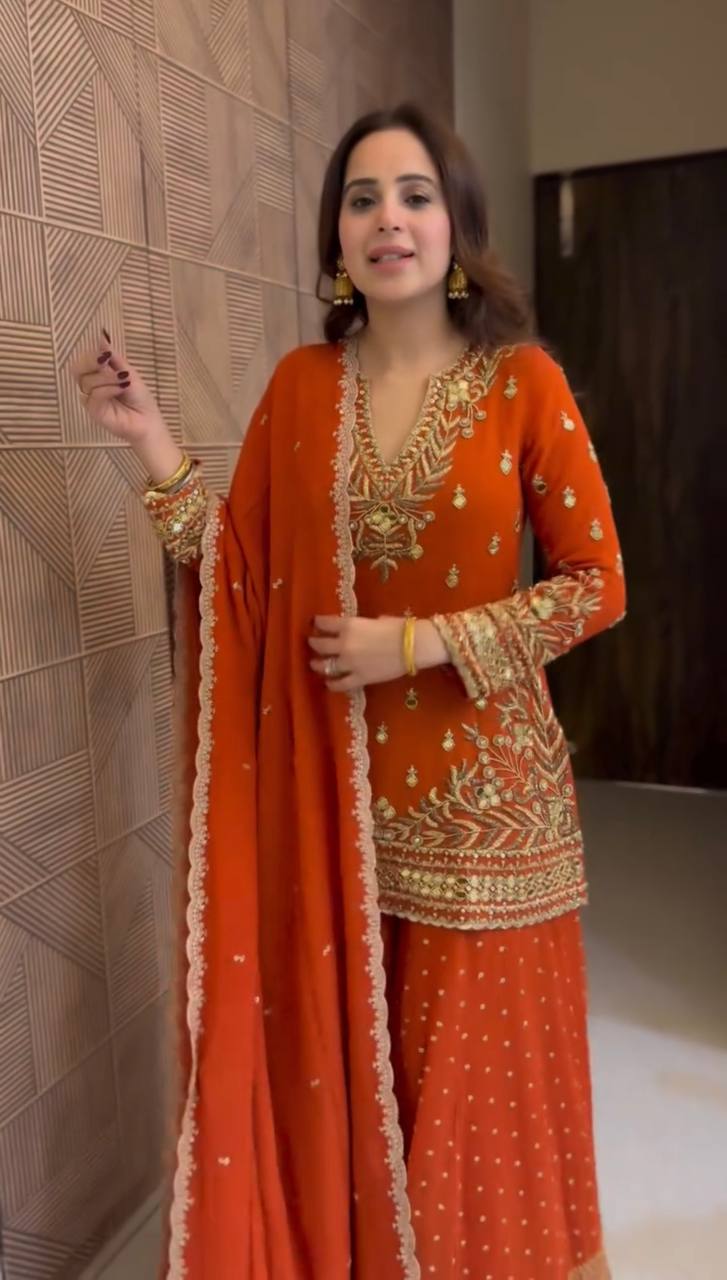 Wedding Wear Orange Color Georgette Sharara Set
