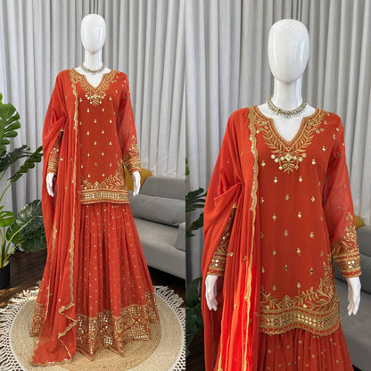 Wedding Wear Orange Color Georgette Sharara Set