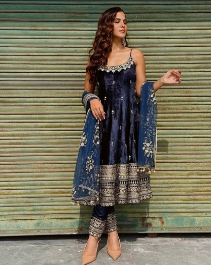 Wedding Wear Blue Color Embroidered Anarkali Suit Set