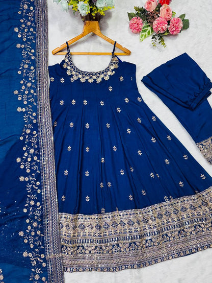 Wedding Wear Blue Color Embroidered Anarkali Suit Set