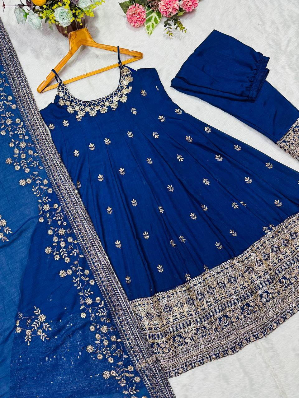 Wedding Wear Blue Color Embroidered Anarkali Suit Set