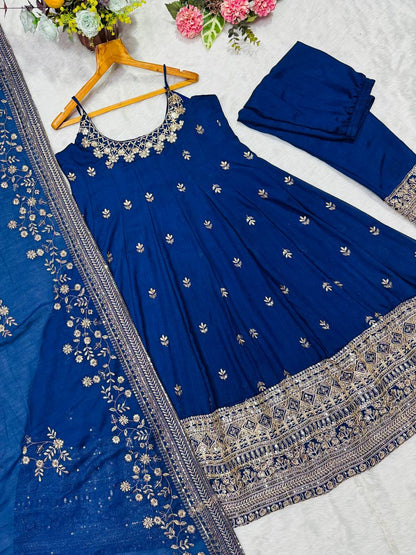 Wedding Wear Blue Color Embroidered Anarkali Suit Set