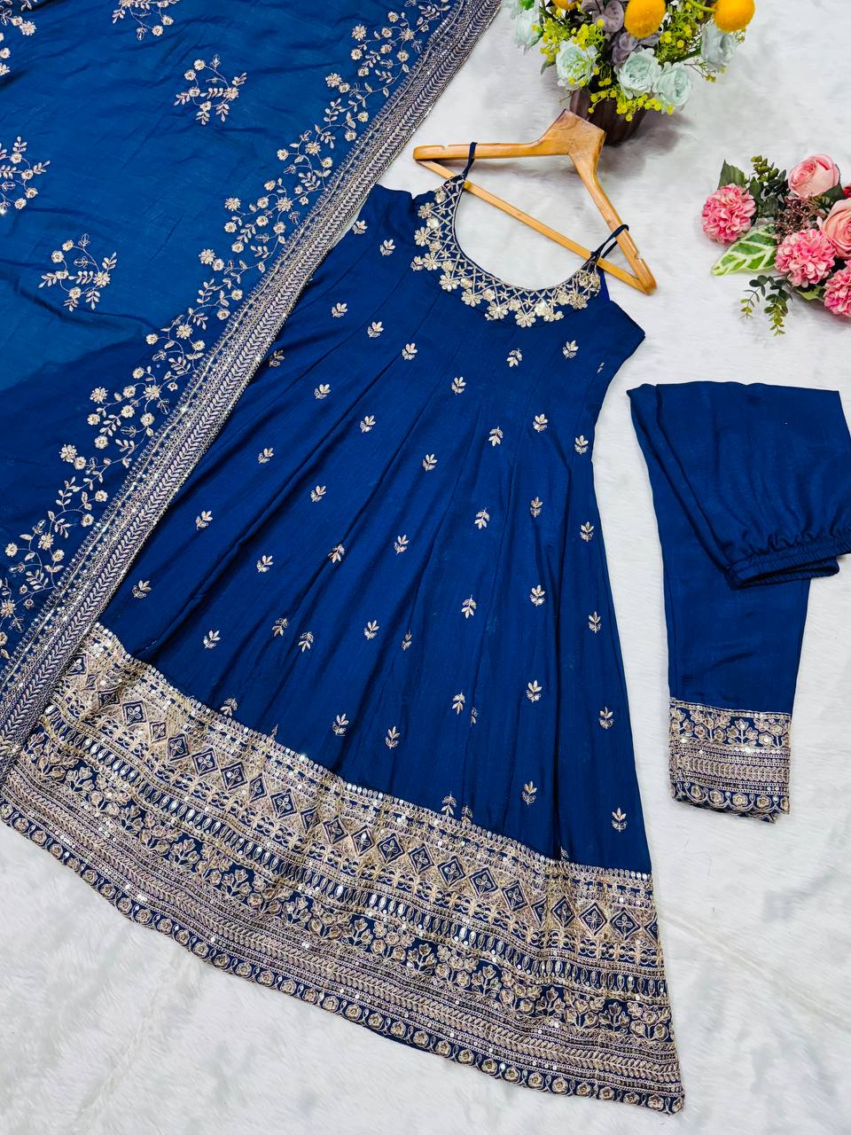 Wedding Wear Blue Color Embroidered Anarkali Suit Set