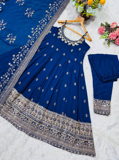 Wedding Wear Blue Color Embroidered Anarkali Suit Set
