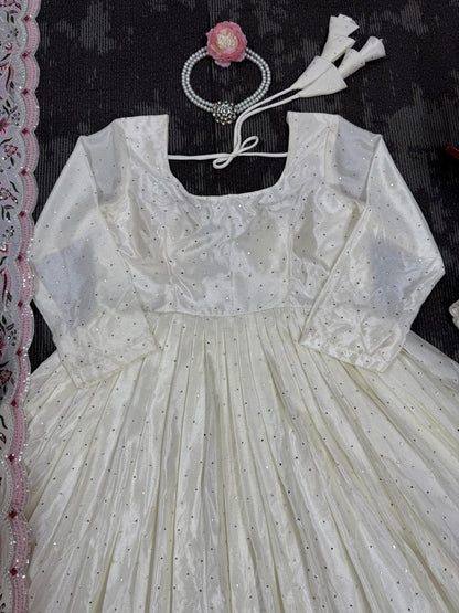 Embellished Off White Color Chinon Silk Thread With Sequence Work Anarkali Gown
