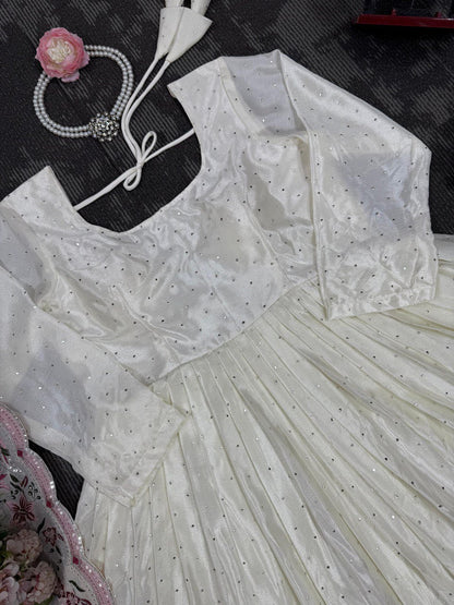 Embellished Off White Color Chinon Silk Thread With Sequence Work Anarkali Gown