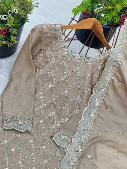 Wedding Wear Cream Color Chinon Silk With Embroidery Sequence Work Sharara Suit
