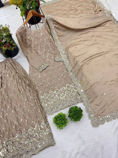 Wedding Wear Cream Color Chinon Silk With Embroidery Sequence Work Sharara Suit