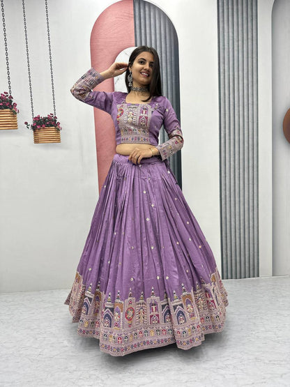 Traditional Wear Light Purple Color Pure Vichitra Heavy Embroidery Coading Sequence Thread Work Lehenga Choli