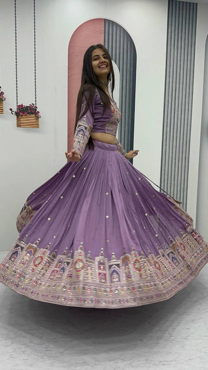 Traditional Wear Light Purple Color Pure Vichitra Heavy Embroidery Coading Sequence Thread Work Lehenga Choli