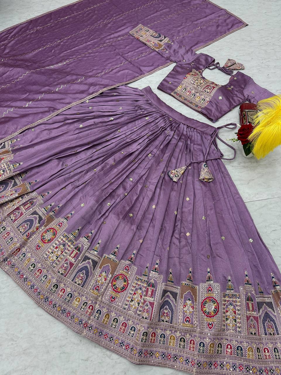 Traditional Wear Light Purple Color Pure Vichitra Heavy Embroidery Coading Sequence Thread Work Lehenga Choli