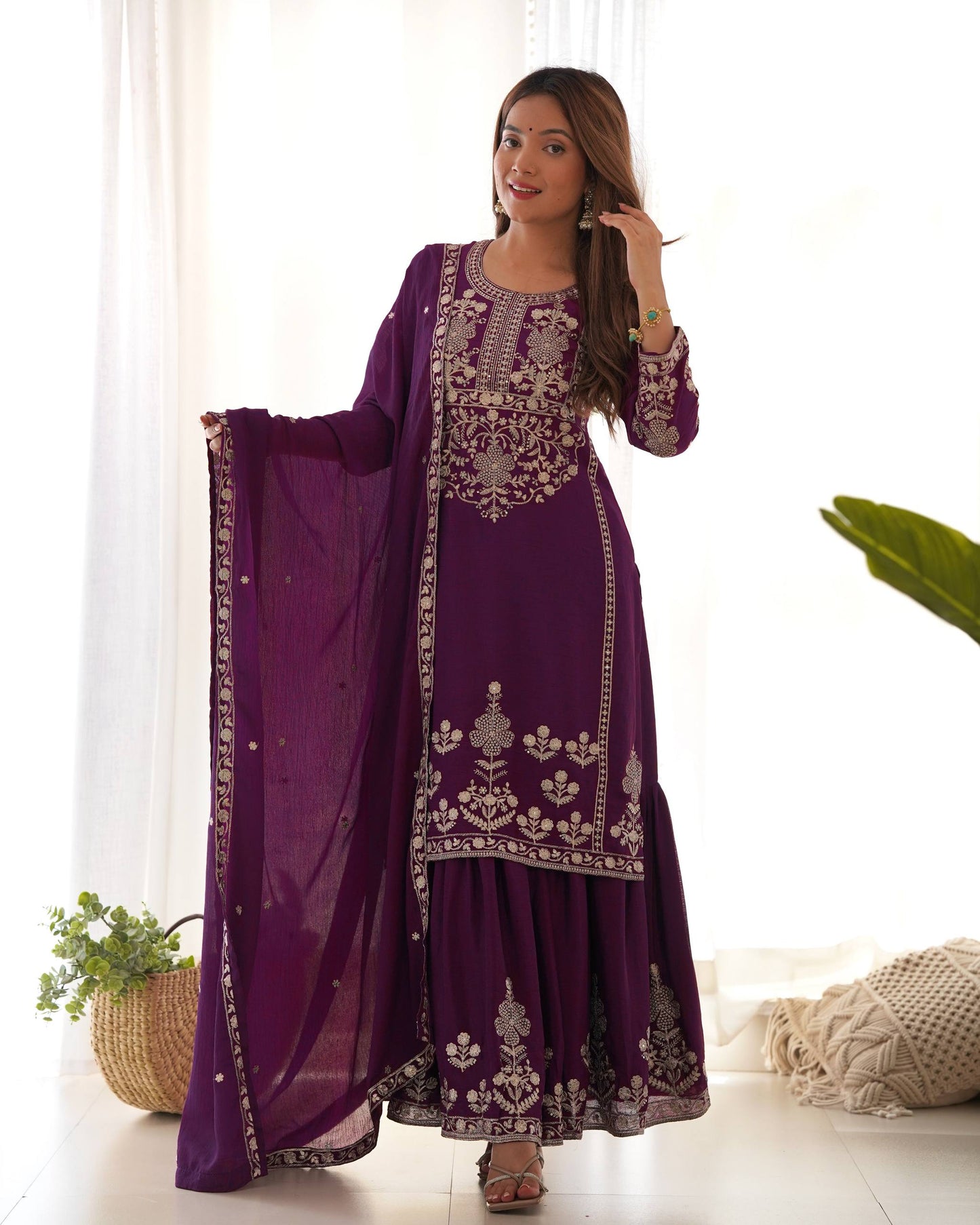 Trendy Purple Color Sequence Embroidered Sharara Suit