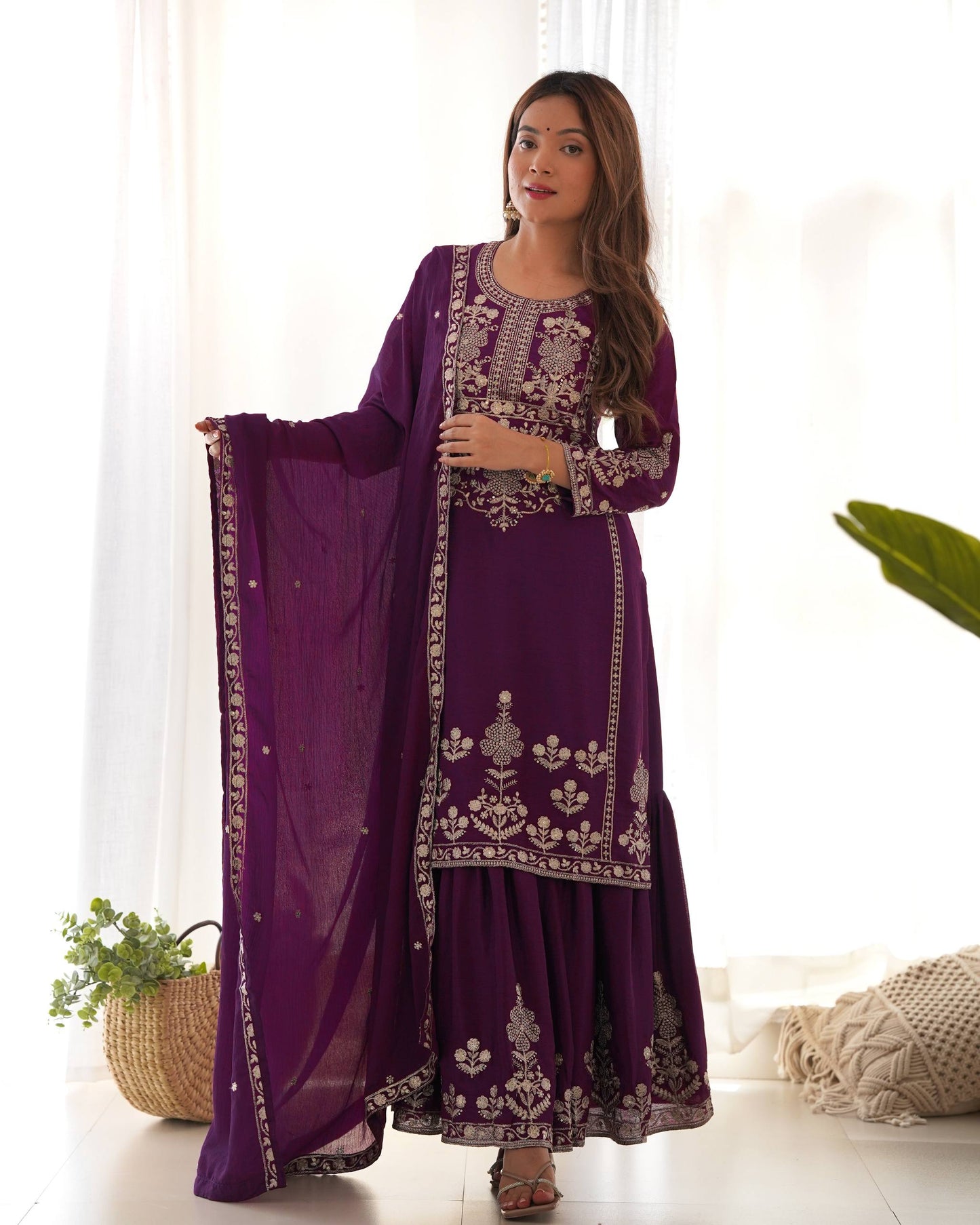 Trendy Purple Color Sequence Embroidered Sharara Suit