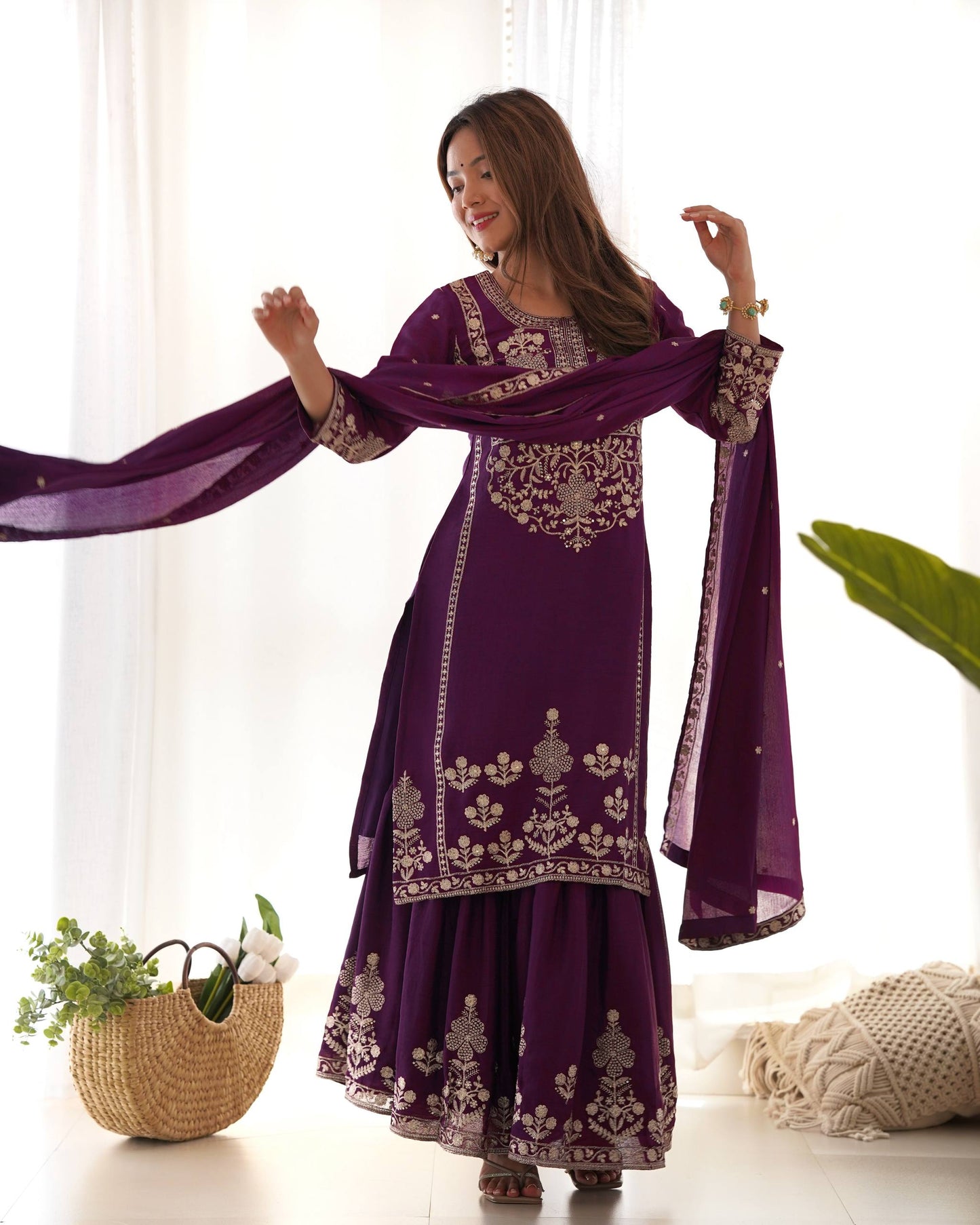 Trendy Purple Color Sequence Embroidered Sharara Suit
