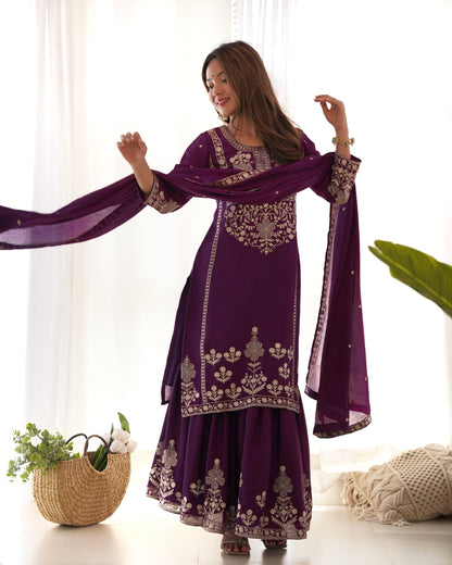 Trendy Purple Color Sequence Embroidered Sharara Suit