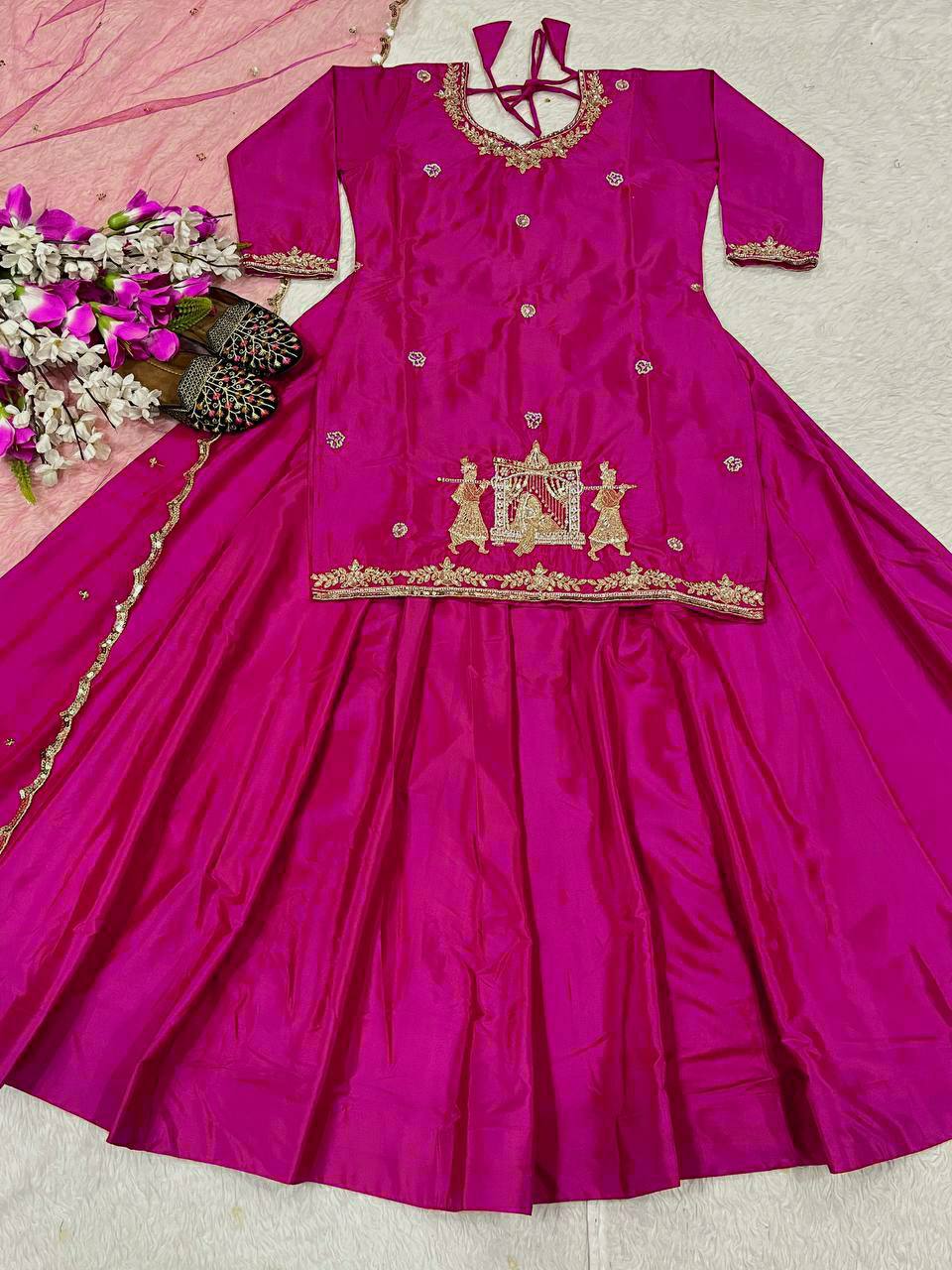 Fabulous Pink Natural Crepe Silk Bids Hand Work With Sequence Work Top With Lehenga