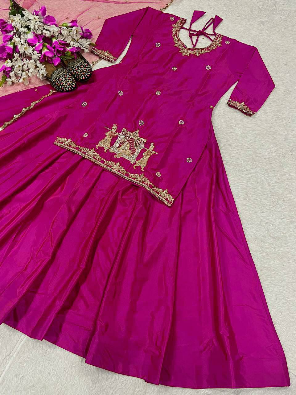 Fabulous Pink Natural Crepe Silk Bids Hand Work With Sequence Work Top With Lehenga