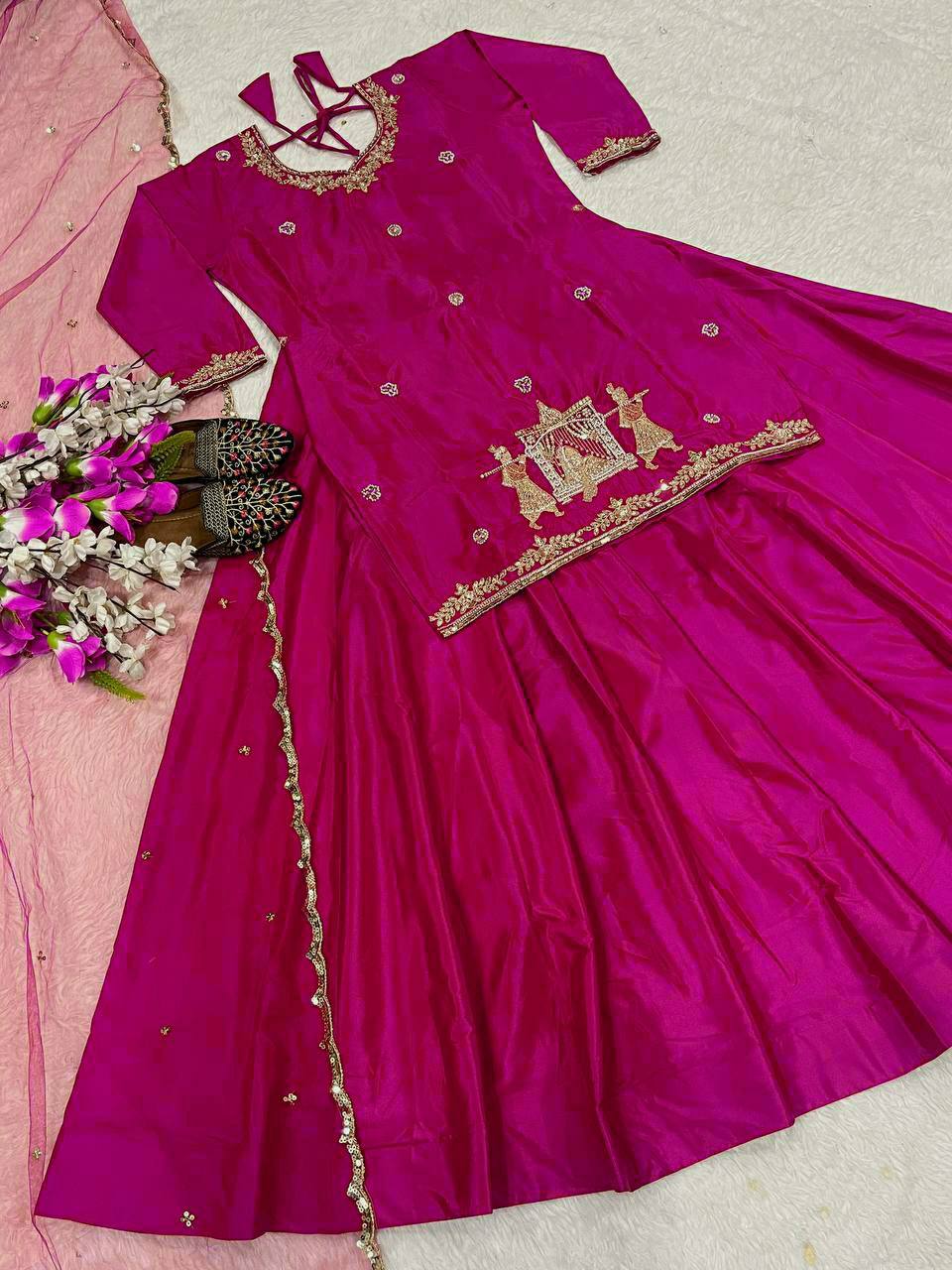 Fabulous Pink Natural Crepe Silk Bids Hand Work With Sequence Work Top With Lehenga