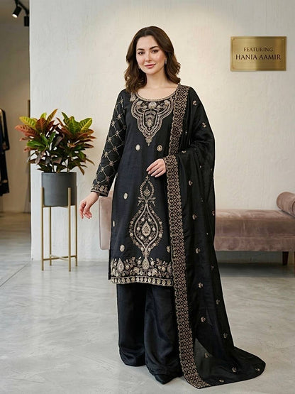 Party Wear Black Color Embroidery Beads Work Sharara Suit Set