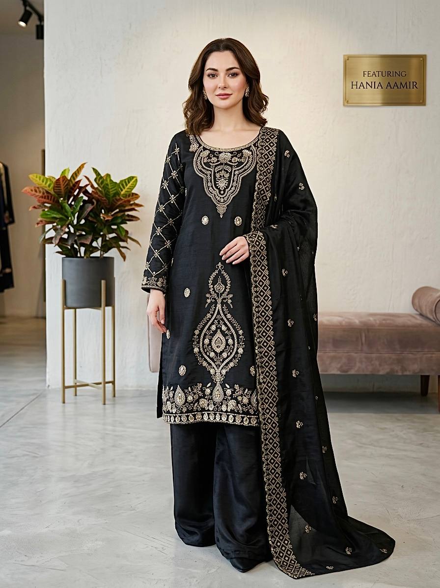 Party Wear Black Color Embroidery Beads Work Sharara Suit Set