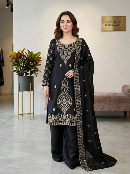 Party Wear Black Color Embroidery Beads Work Sharara Suit Set